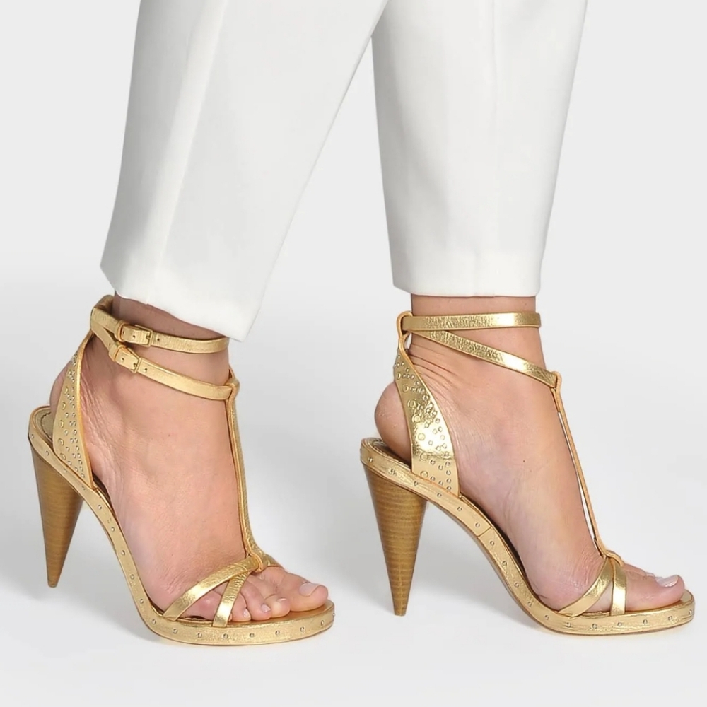NEW $850 BURBERRY Hans Runway Studs T- Strap Leather Sandals Cone Heels 6.5 36.5